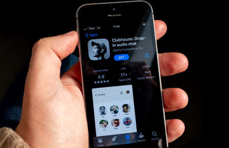 February 17, 2021, Moscow, Russia. Clubhouse social network application on a mobile phone screen.
