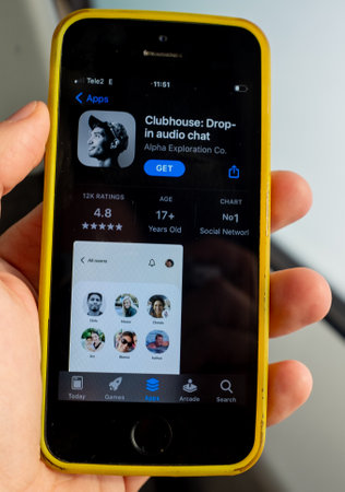 February 17, 2021, Moscow, Russia. Clubhouse social network application on a mobile phone screen.
