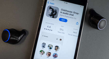 February 17, 2021, Moscow, Russia. Clubhouse social network application on a mobile phone screen.のeditorial素材