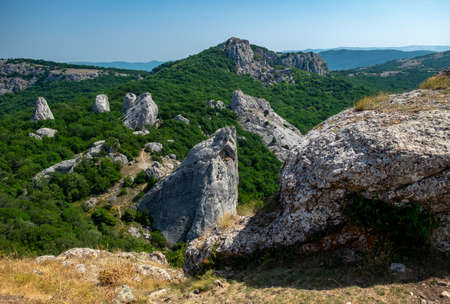 Mediterranean landscape. Forested rocks of the Black Sea coast of the southern coast of the Crimean Peninsula on a clear sunny day.の写真素材