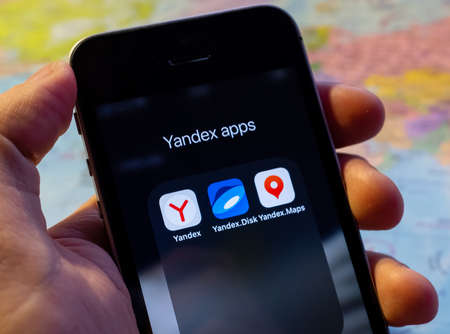 March 31, 2021. Moscow, Russia. Yandex.Browser, Yandex.Maps, and Yandex.Disk application icons on a...