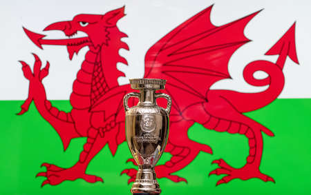 April 10, 2021. Cardiff, Wales. UEFA European Championship Cup with the Wales flag in the...