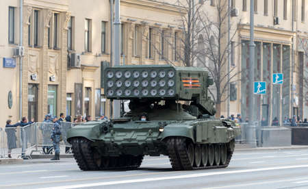 April 30, 2021 Moscow, Russia. Heavy Flamethrower System TOS-1A Solntsepyok on Tverskaya Street in...