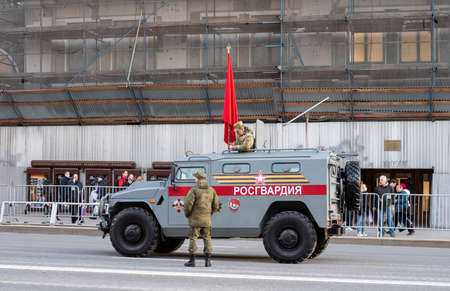 April 30, 2021 Moscow, Russia. Tiger armored car of the Russian National Guard on Tverskaya Street...