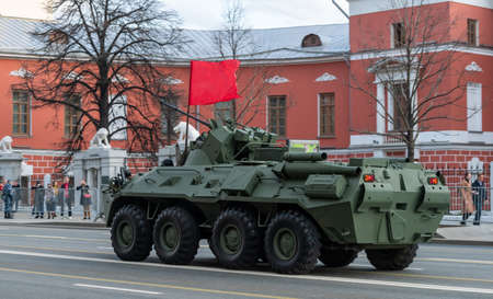 April 30, 2021 Moscow, Russia. Russian armored personnel carrier BTR-82A on Tverskaya Street in...