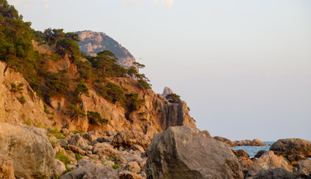 Huge boulders on the shores of a small bay of the Black Sea.の写真素材