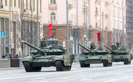 April 30, 2021 Moscow, Russia. Russian T-72B3 main battle tank on Tverskaya Street in Moscow.