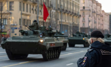 April 30, 2021 Moscow, Russia. A police officer on Tverskaya Street in Moscow during a Victory Day Parade rehearsal.のeditorial素材