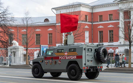 April 30, 2021 Moscow, Russia. Tiger armored car of the Russian National Guard on Tverskaya Street in Moscow.のeditorial素材