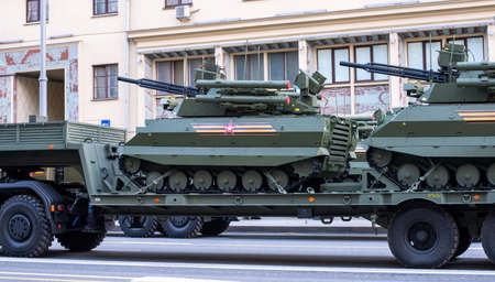 April 30, 2021 Moscow, Russia. Russian combat uninhabited multifunctional robotic complex Uran-9 on...