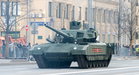 April 30, 2021 Moscow, Russia. Promising Russian T-14 Armata Main Tank on Tverskaya Street in...