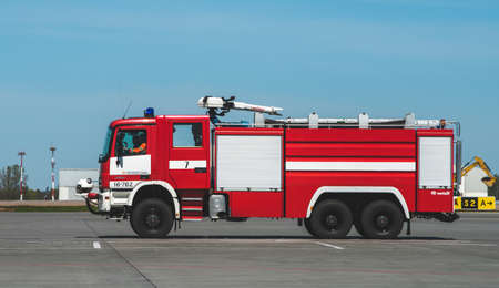 May 11, 2021 Moscow, Russia. A fire truck on the airfield of the Sheremetyevo airport in Moscow.