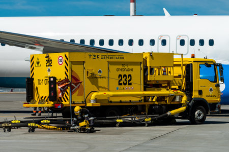 May 11, 2021, Moscow, Russia. Fuel filling complex of the Rosneft company on the airfield of the...