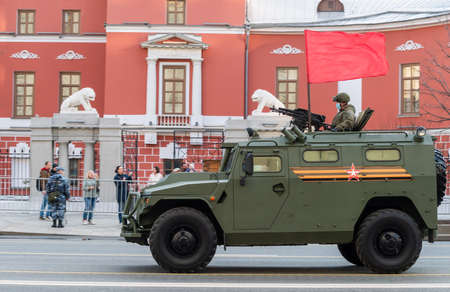 April 30, 2021 Moscow, Russia. Tiger armored car on Tverskaya Street in Moscow.