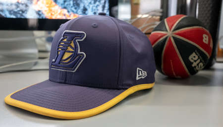 September 9, 2021 Moscow, Russia. Cap with Los Angeles Lakers basketball team logo.