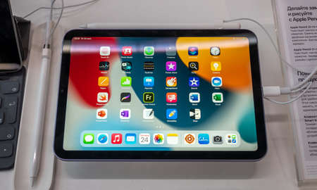 September 24, 2021, Moscow, Russia. The new tablet from Apple iPad mini (2021) on the storefront.