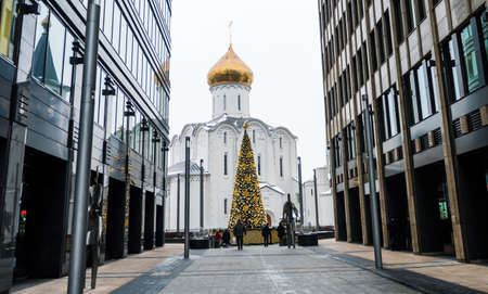 December 14, 2020, Moscow, Russia. New Year tree at the Church of St. Nicholas the Wonderworker at Tverskaya Zastava.のeditorial素材