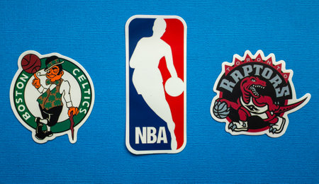 October 1, 2021, Springfield, USA, Emblems of the Boston Celtics and Toronto Raptors basketball...