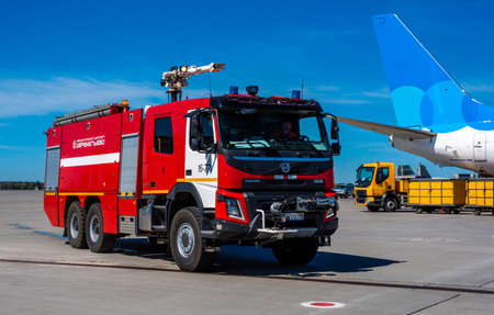 May 11, 2021 Moscow, Russia. A fire truck on the airfield of the Sheremetyevo airport in Moscow.