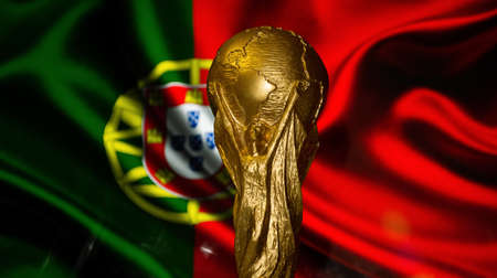 October 6, 2021 Lisbon, Portugal. FIFA World Cup Cup against the background of the flag of Portugal.のeditorial素材