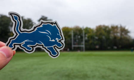 September 16, 2021, Detroit, Michigan. The emblem of a professional American football team Detroit Lions based in Detroit at the sports stadium.のeditorial素材