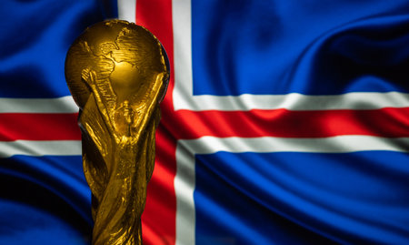 October 6, 2021, Reykjavik, Iceland. FIFA World Cup on the background of the flag of Iceland.のeditorial素材
