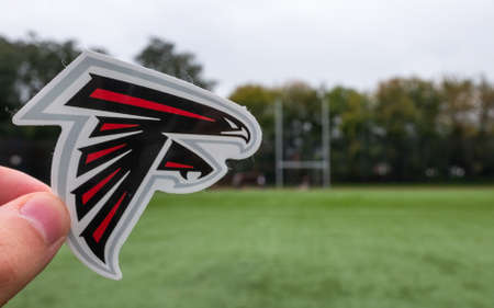 September 16, 2021, Atlanta, Georgia. Emblem of a professional American football team Atlanta Falcons based in Atlanta at the sports stadium.のeditorial素材