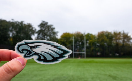 September 16, 2021, Philadelphia, PA. Emblem of a professional American football team Philadelphia Eagles based in Philadelphia at the sports stadium.のeditorial素材