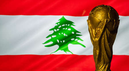 October 6, 2021, Beirut, Lebanon. FIFA World Cup on the background of the Lebanese flag.のeditorial素材