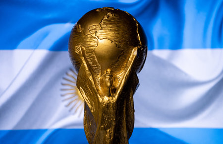 October 6, 2021 Buenos Aires, Argentina. FIFA World Cup Cup against the backdrop of the flag of Argentina.のeditorial素材