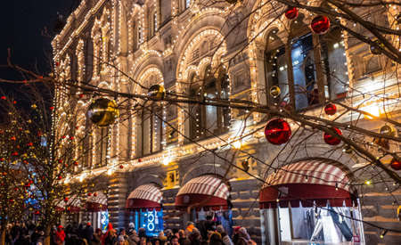 December 5, 2021, Moscow, Russia. Christmas illumination on Red Square near the GUM building in Moscow.のeditorial素材