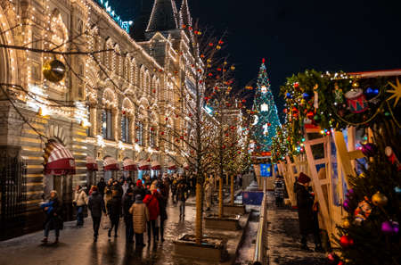 December 5, 2021, Moscow, Russia. Christmas illumination on Red Square near the GUM building in Moscow.のeditorial素材