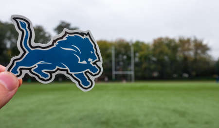 September 16, 2021, Detroit, Michigan. The emblem of a professional American football team Detroit Lions based in Detroit at the sports stadium.のeditorial素材