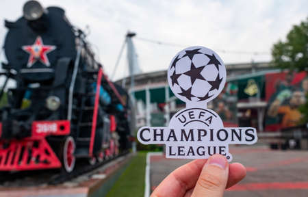 August 30, 2021 Moscow, Russia. The UEFA Champions League emblem in front of the Lokomotiv stadium in Cherkizovo.のeditorial素材