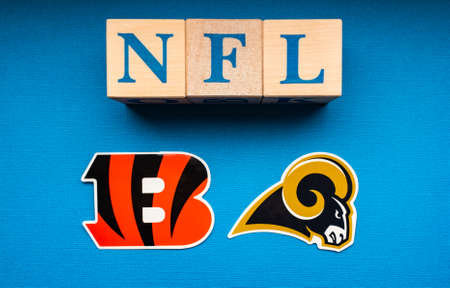 January 31, 2022 in Inglewood, California. The emblems of the football clubs of the Super Bowl2022 Los Angeles Rams and Cincinnati Bengals participants.のeditorial素材