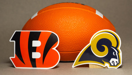 January 31, 2022 in Inglewood, California. The emblems of the football clubs of the Super Bowl2022 Los Angeles Rams and Cincinnati Bengals participants.のeditorial素材