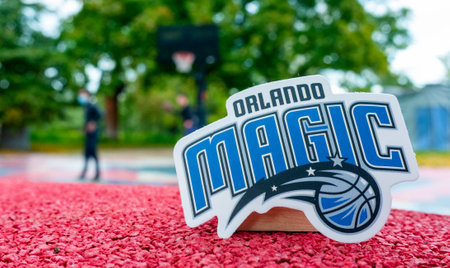 September 15, 2021, Orlando, USA, The emblem of the basketball club Orlando Magic on the sports field.のeditorial素材