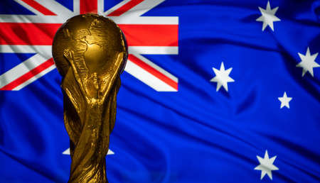 October 6, 2021 Camberra, Australia. FIFA World Cup Cup against the backdrop of the flag of Australia.のeditorial素材