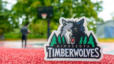 September 15, 2021, Minneapolis, USA, The emblem of the basketball club Minnesota Timberwolves on the sports field.のeditorial素材