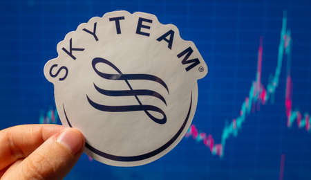 November 10, 2021, Amsterdam, the Netherlands. The emblem of the SkyTeam aviation alliance against...