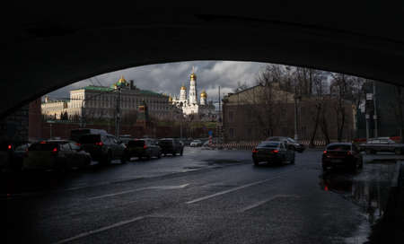 April 16, 2015, Moscow, Russia. View of the Moscow Kremlin and automobile traffic on the Sofia...