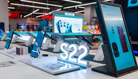 February 15, 2022, Moscow, Russia. The new Samsung Galaxy S22 Ultra mobile phone in a store window.