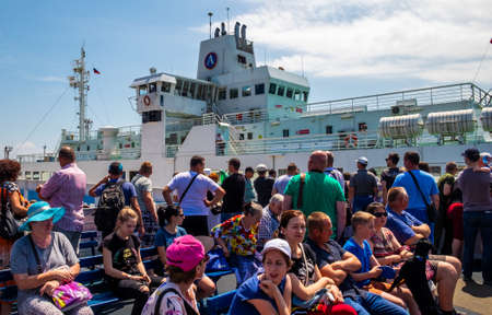 July 15, 2017 Passengers on the deck of a passenger ferry.のeditorial素材