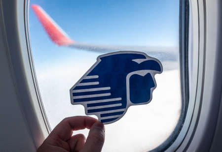 December 6, 2021, Mexico City, Mexico. Emblem of Aeromexico airline against the background of the...