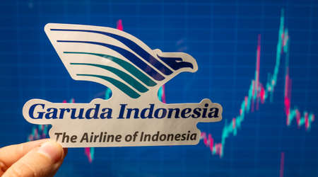 November 10, 2021, Tangerang, Indonesia. The emblem of the Garuda Indonesia airline against the...