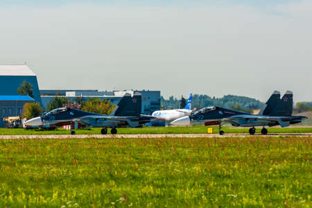 August 30, 2019 Russian multi-role Su-30SM fighters in the sky.