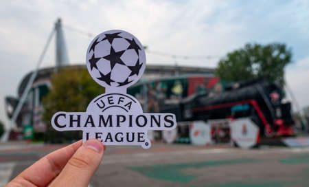August 30, 2021 Moscow, Russia. The UEFA Champions League emblem in front of the Lokomotiv stadium...
