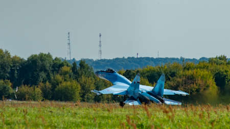 August 30, 2019 Russian multi-role fighter Sukhoi Su-35 on the runway of the airfield.