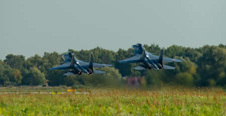 August 30, 2019 Russian multi-role Su-30SM fighters on the runway of the airfield.
