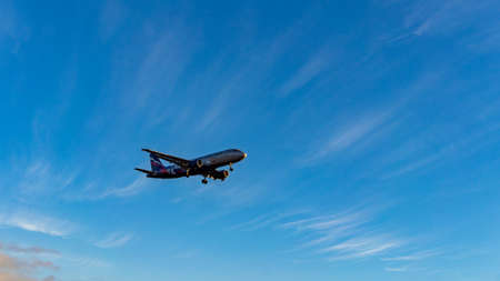 November 23, 2018, Moscow, Russia An Aeroflot aircraft is landing at Sheremetyevo airport.のeditorial素材